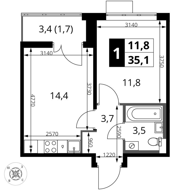 1 ккв 35,1 м²