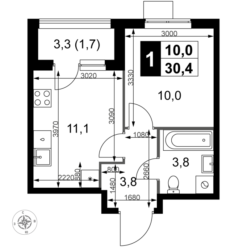 1 ккв 30,4 м²