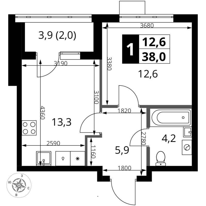 1 ккв 38 м²