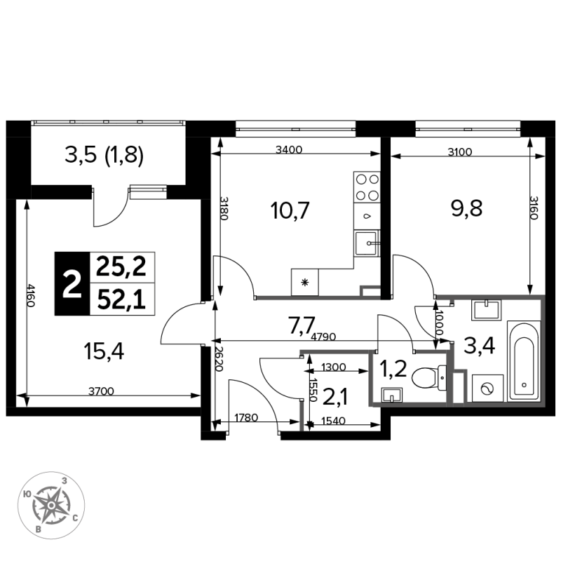 2 ккв 52,9 м²