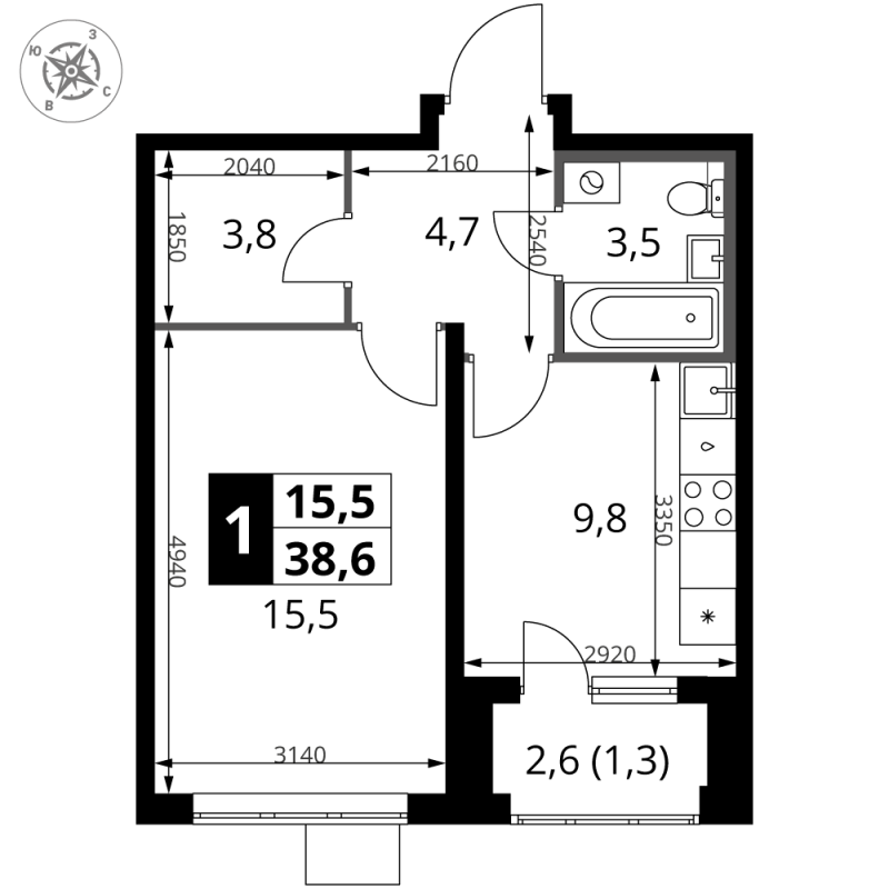 1 ккв 38,6 м²