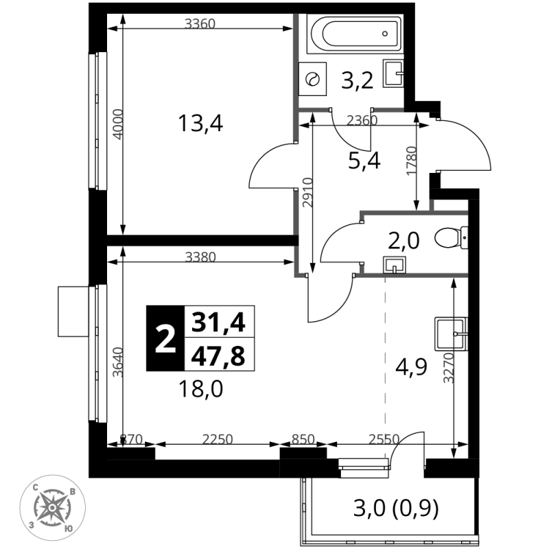 2 ккв (Евро) 47,8 м²