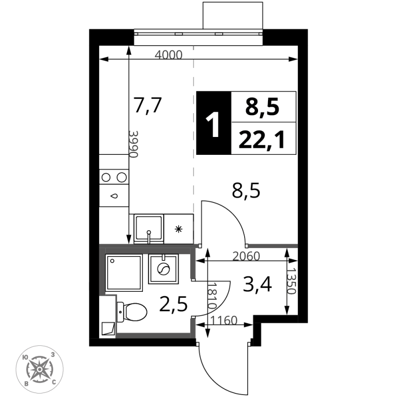 Студия 22,1 м²