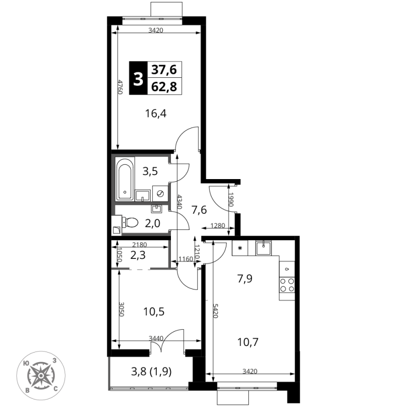 3 ккв (Евро) 62,8 м²