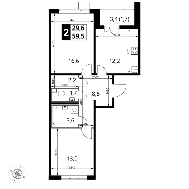 2 ккв 59,7 м²