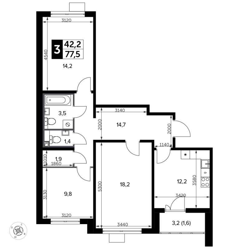 3 ккв 77,7 м²