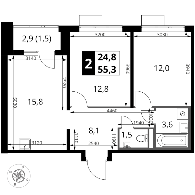 3 ккв (Евро) 55,3 м²