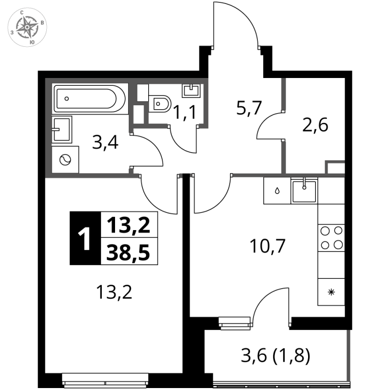 1 ккв 38,5 м²