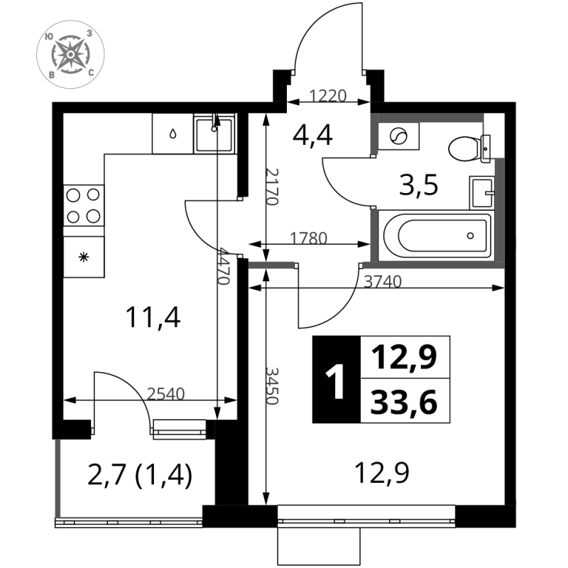 1 ккв 33,6 м²