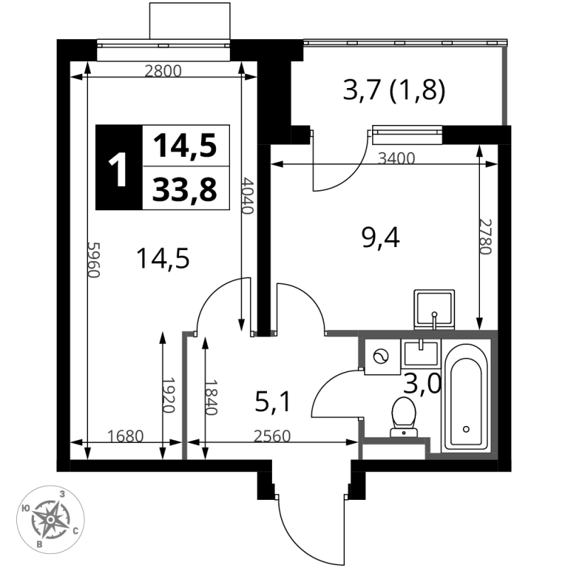 1 ккв 33,8 м²