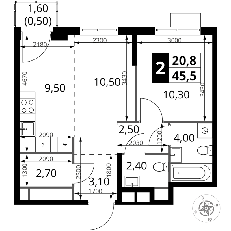 2 ккв (Евро) 45,5 м²