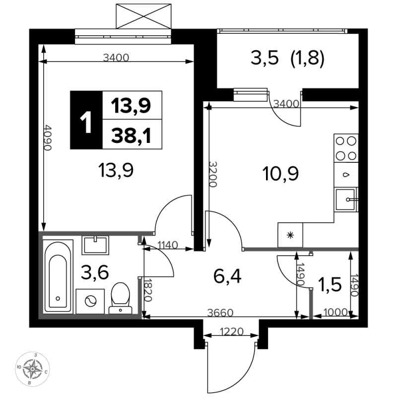 1 ккв 38,3 м²