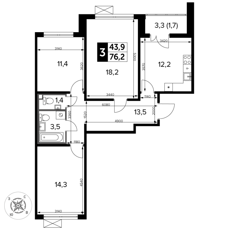 3 ккв 76,2 м²