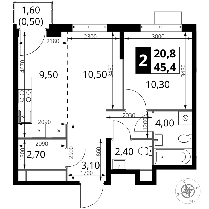 2 ккв (Евро) 45,4 м²