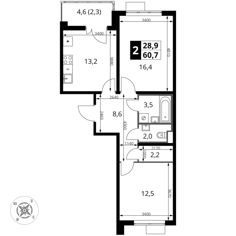 2 ккв 60,7 м²