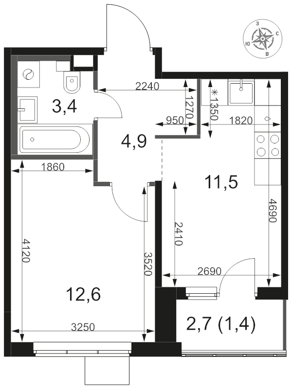 1 ккв 33,8 м²
