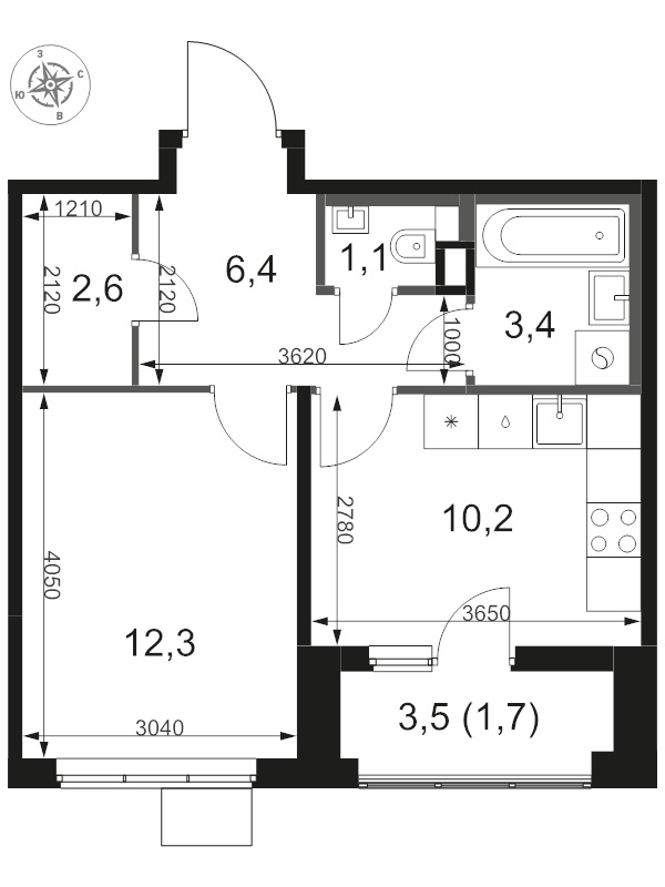 1 ккв 37,7 м²