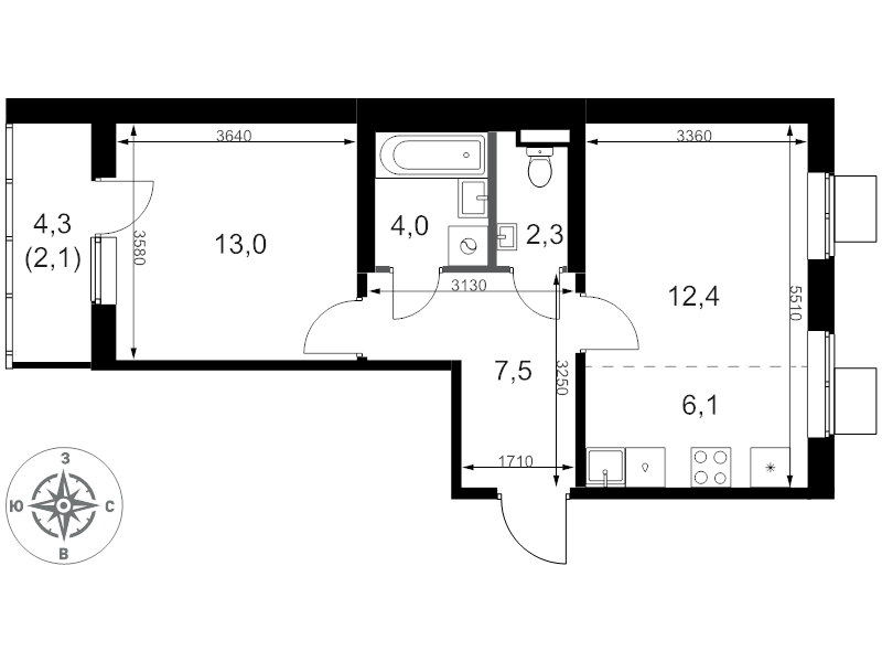 2 ккв (Евро) 47,4 м²