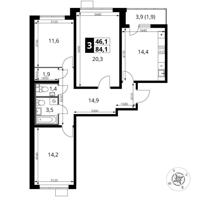 3 ккв 84,1 м²