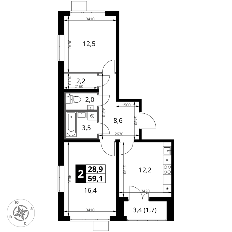 2 ккв 59,1 м²