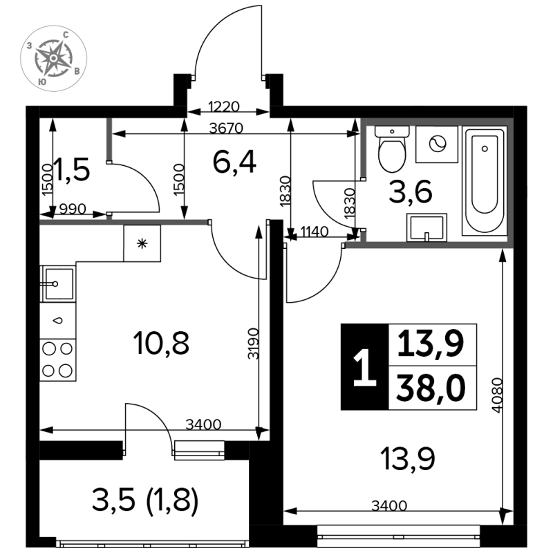 1 ккв 38,3 м²
