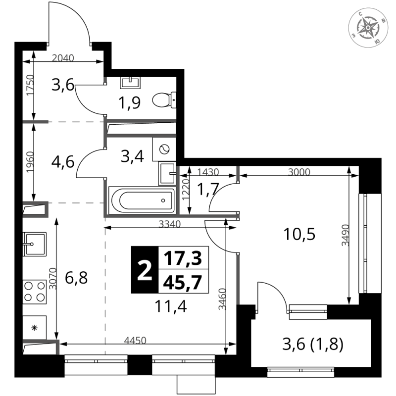 2 ккв (Евро) 45,7 м²