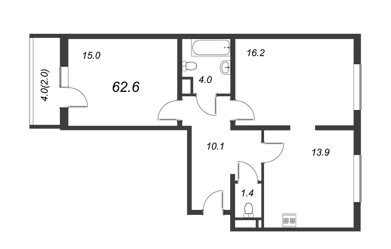 2 ккв 61,9 м²