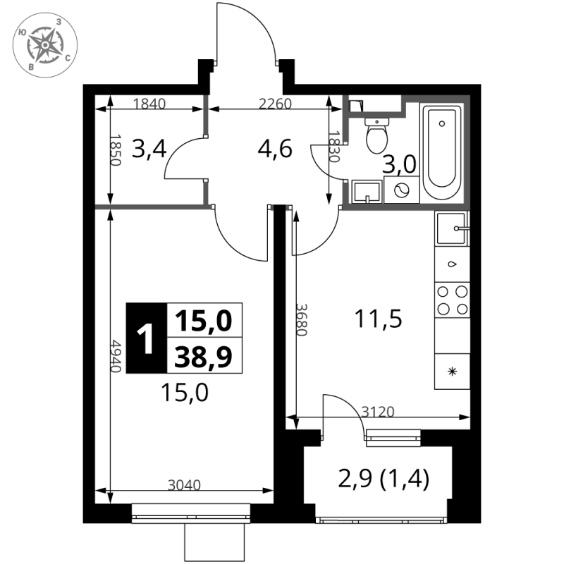 1 ккв 38,9 м²