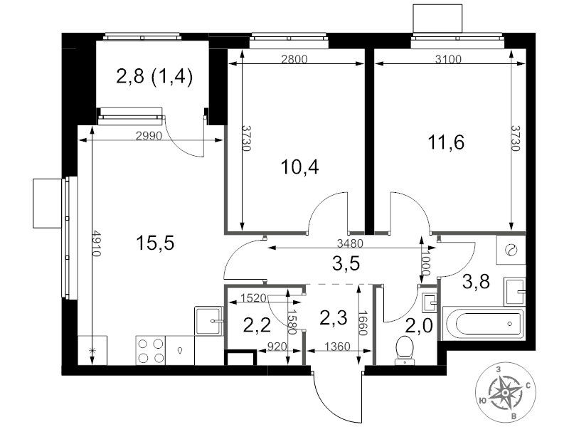 3 ккв (Евро) 52,7 м²
