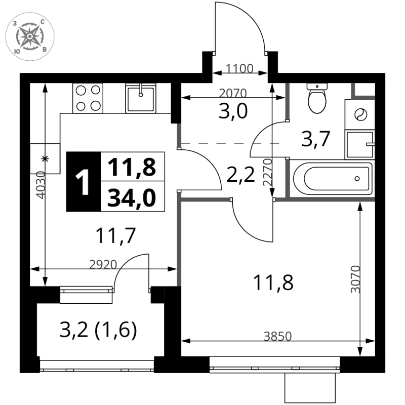 1 ккв 34 м²