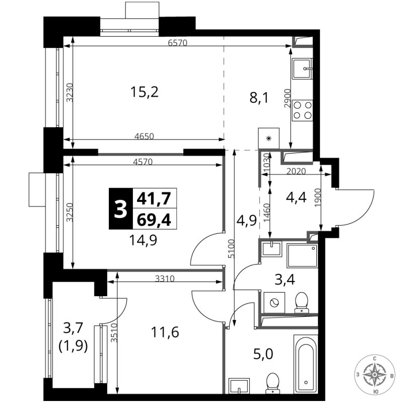3 ккв (Евро) 69,4 м²