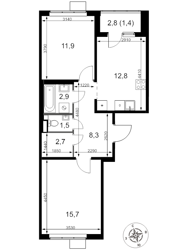 2 ккв 57,2 м²