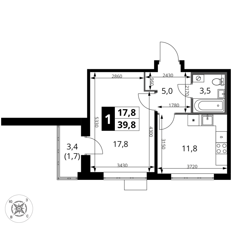 1 ккв 39,8 м²