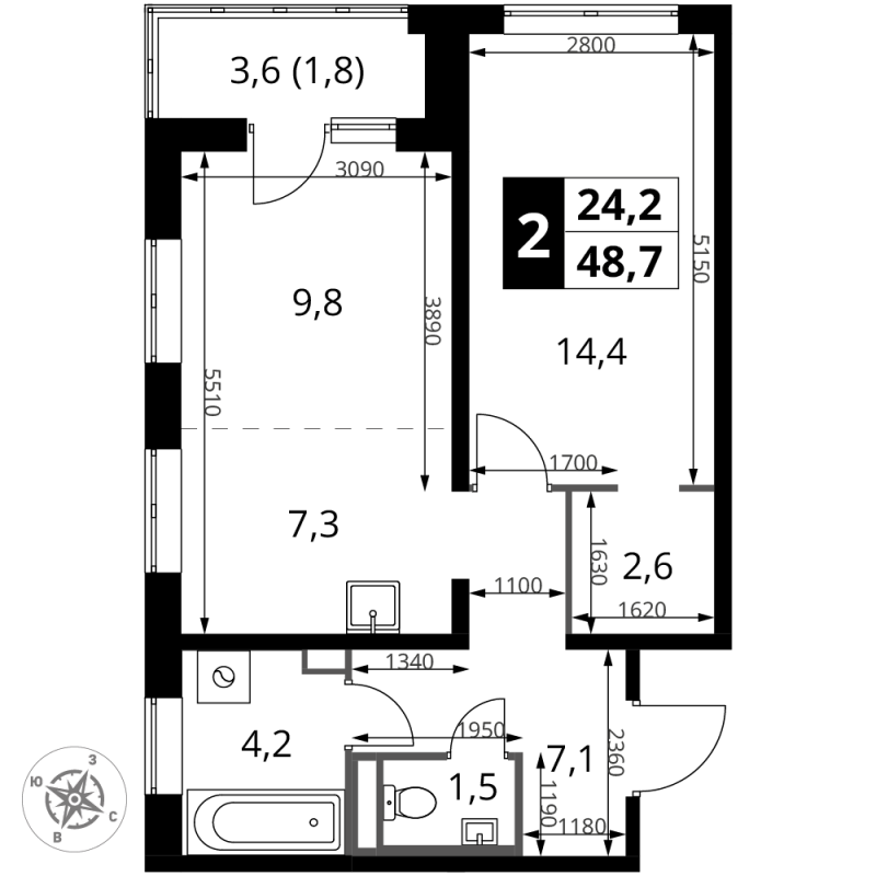 2 ккв (Евро) 48,7 м²