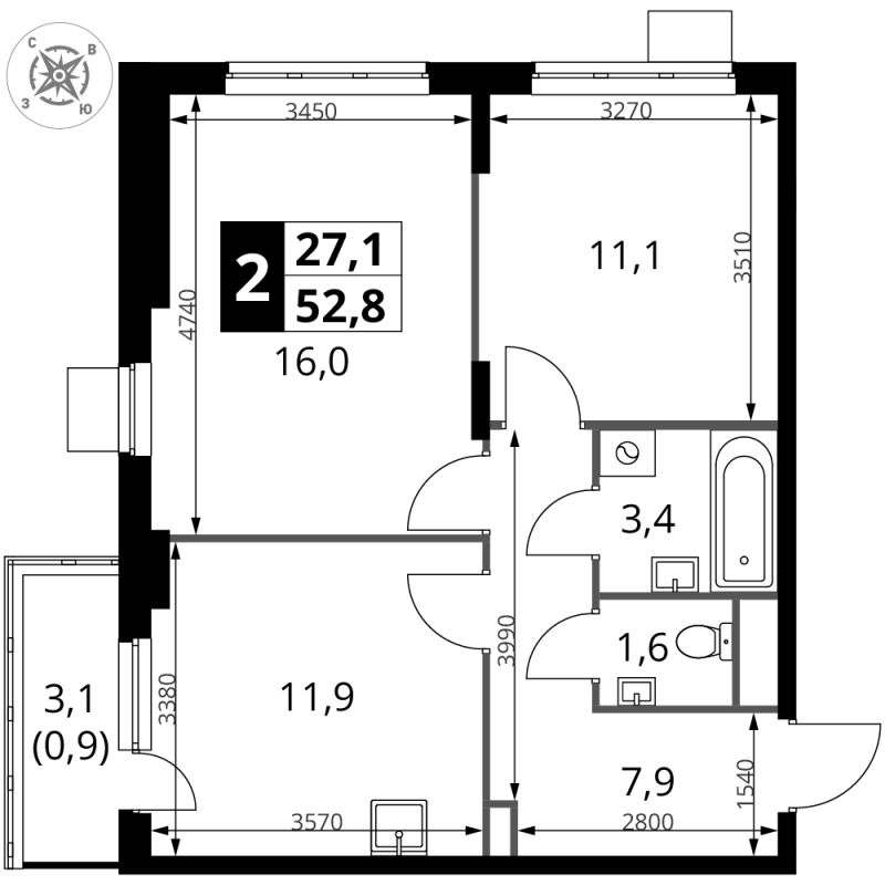 2 ккв 52,8 м²