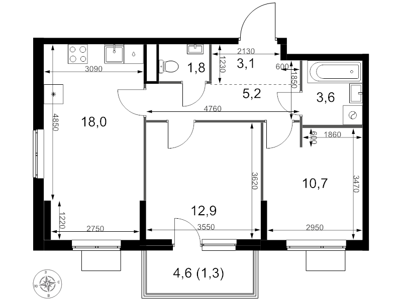 3 ккв (Евро) 56,6 м²
