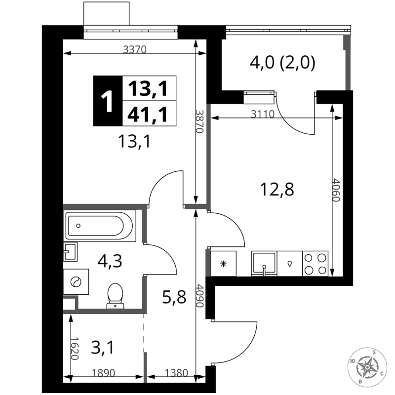 1 ккв 41,1 м²