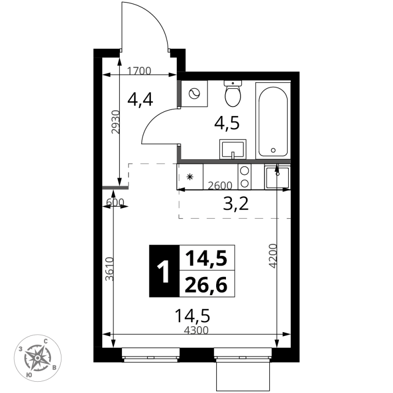 Студия 26,6 м²