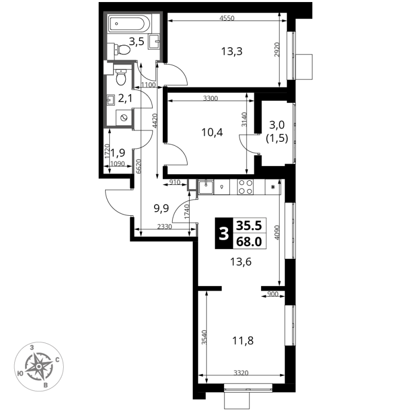 3 ккв 68 м²