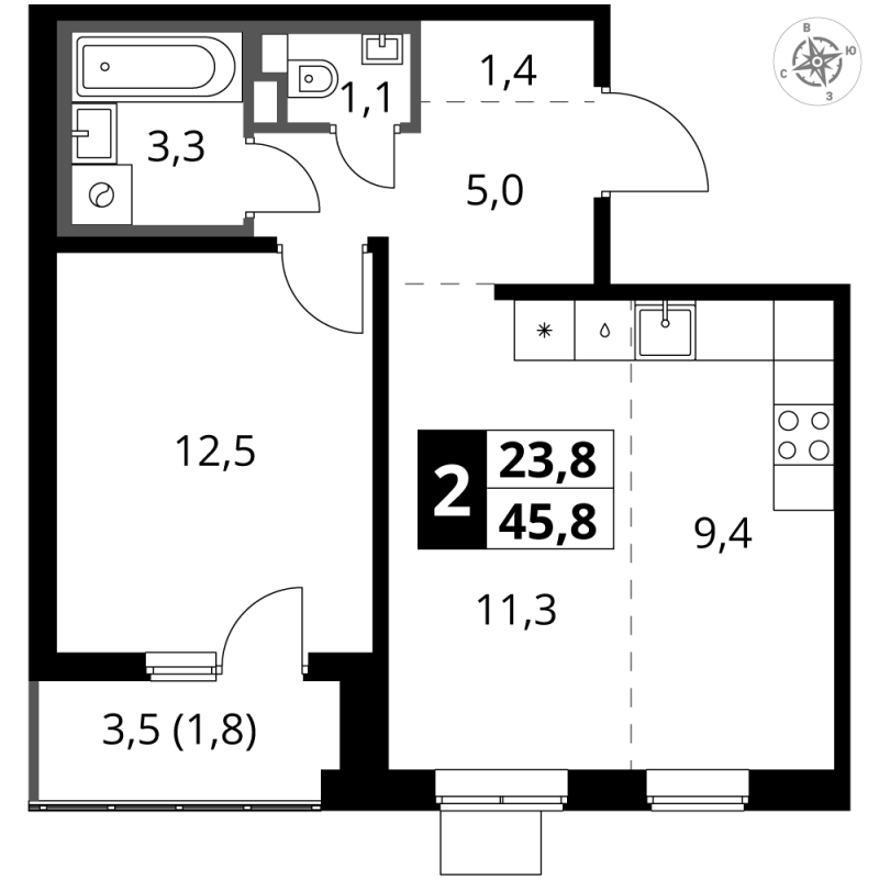 2 ккв (Евро) 45,8 м²