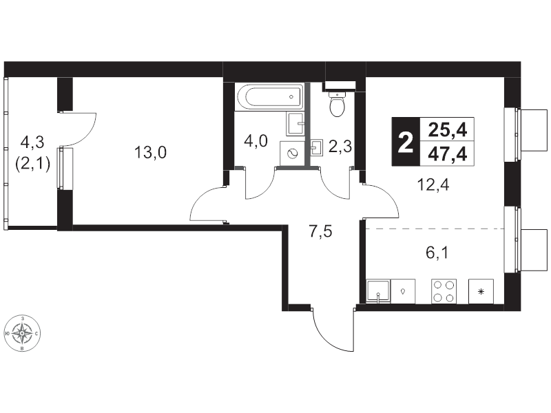 2 ккв (Евро) 47,4 м²