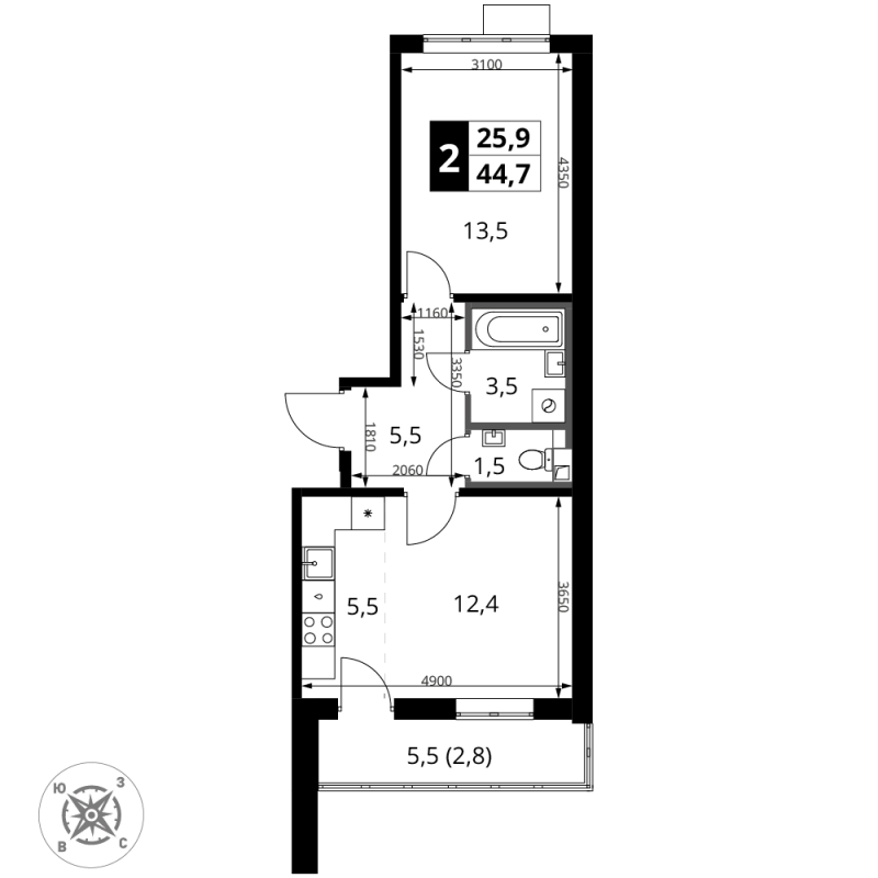 2 ккв (Евро) 44,9 м²