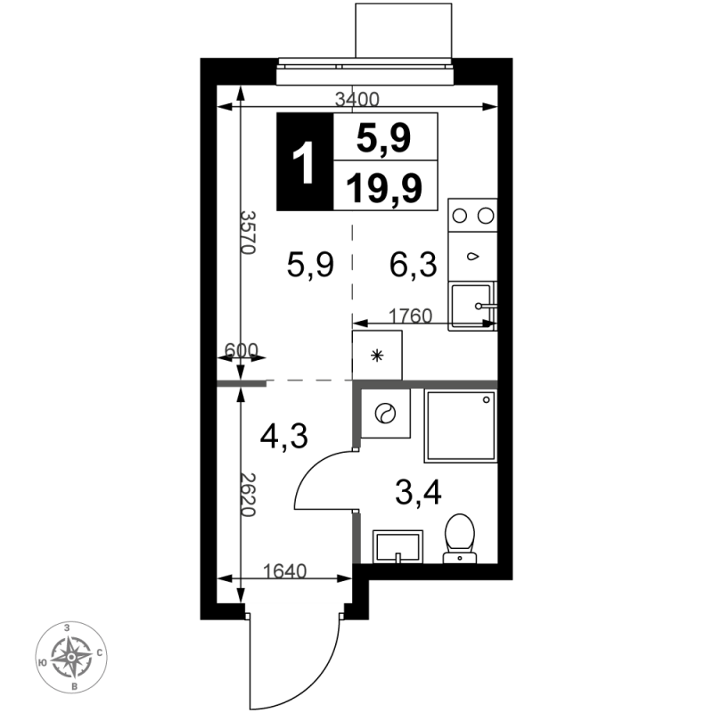 Студия 19,9 м²