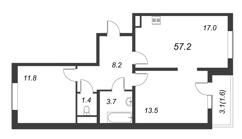 3 ккв (Евро) 56,8 м²