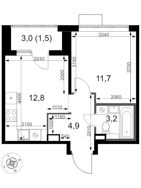 1 ккв 34,1 м²