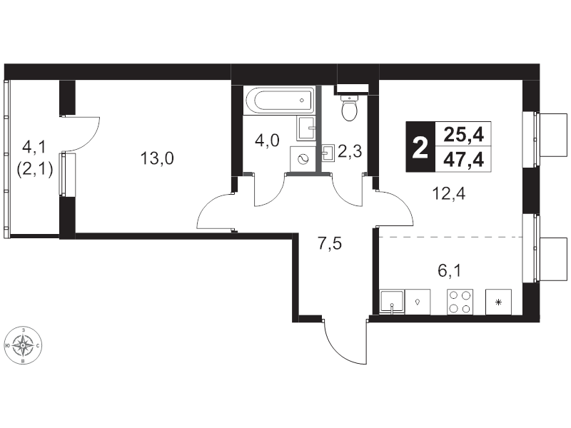 2 ккв (Евро) 47,4 м²