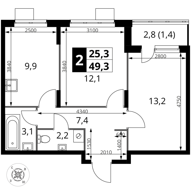 2 ккв 49,3 м²