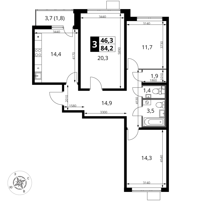 3 ккв 84,2 м²