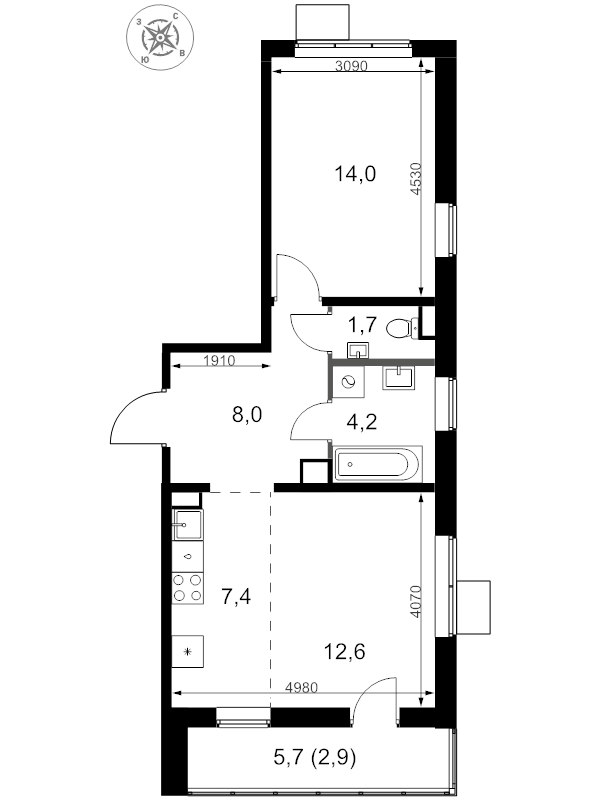 2 ккв (Евро) 50,8 м²
