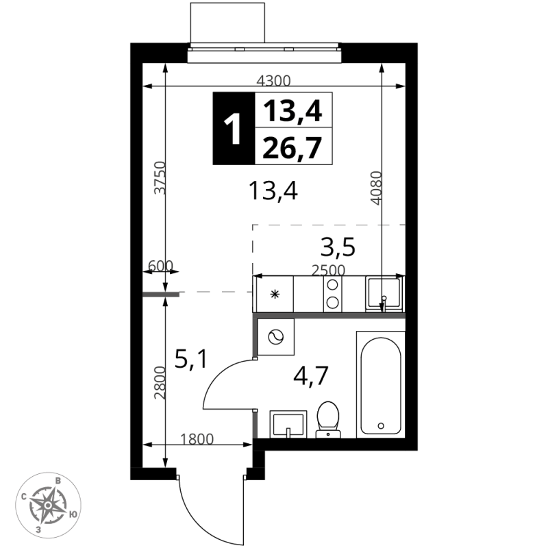 Студия 26,7 м²